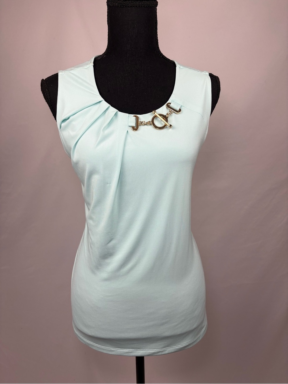 Ivanka Trump Light Blue Sleeveless Scoop Neck Tank with Gold Chain Accent